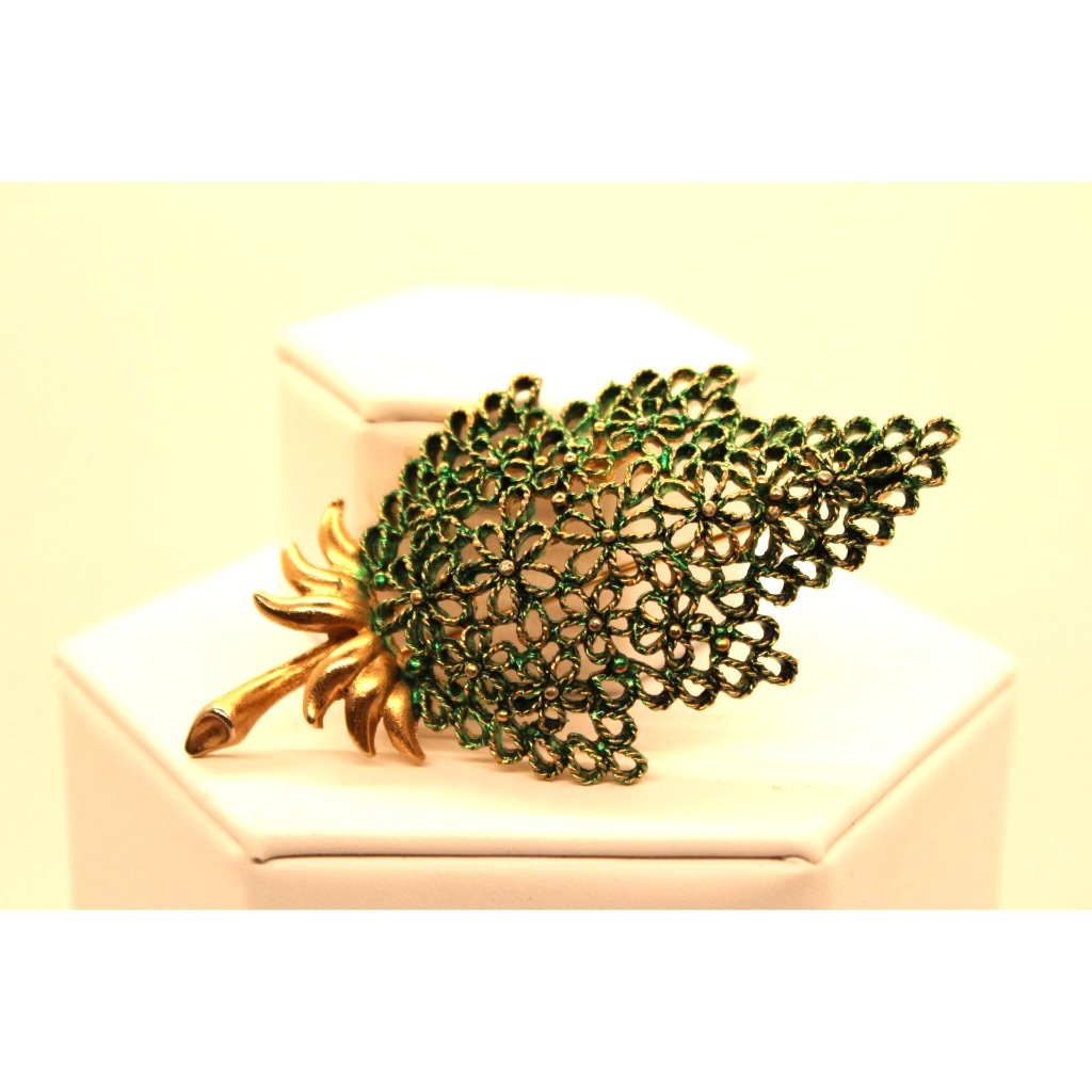Mamselle Vintage Signed Leaf Brooch Gold Green